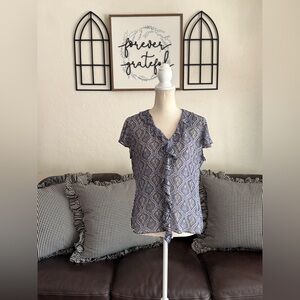 Vintage Y2K Liz Claiborne 100% Silk Paisley Blue Print Top Size 14 Ruffle Detail